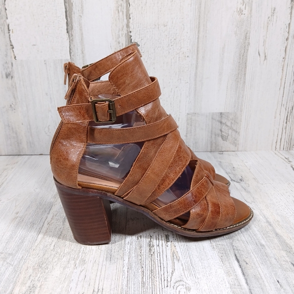 Jeffrey Campbell x Free People Cognac Brown Leather Block Heel Sandals #733 - Picture 7 of 13